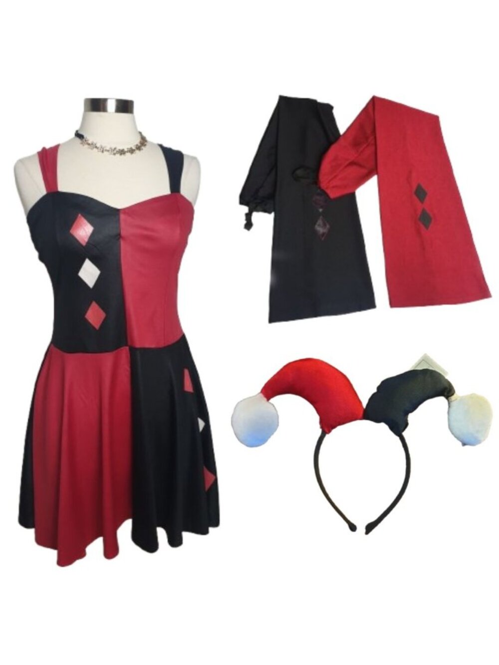 Womens Harley Quinn Halloween Costume M Complete Deluxe Dress Sleeves Headband